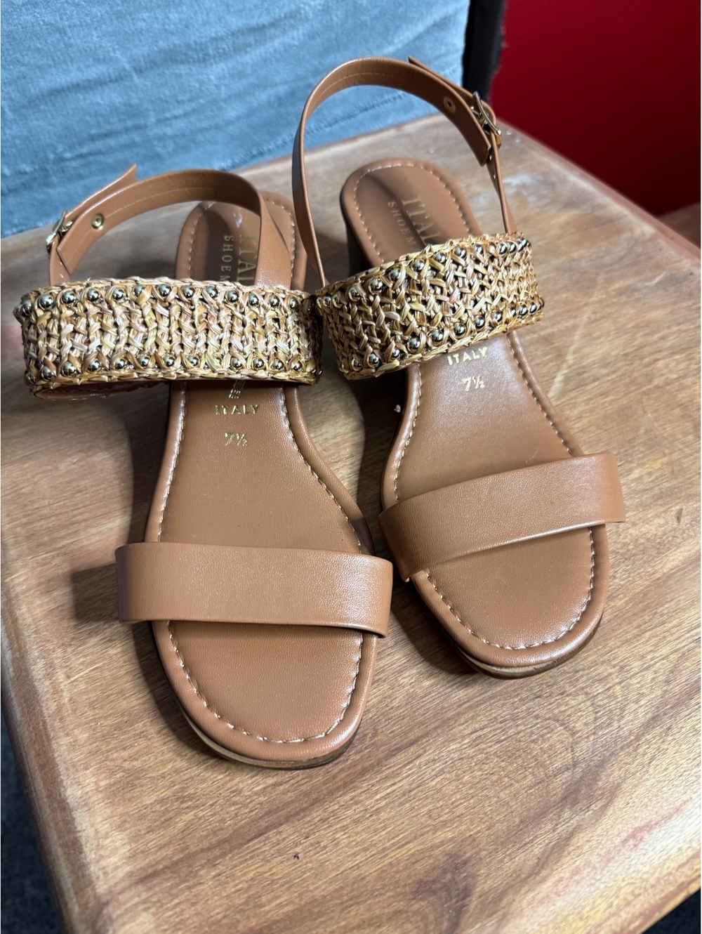 Italian Shoemakers Tan Woven Studded Slingback Block Heel Sandals -Size 7.5
